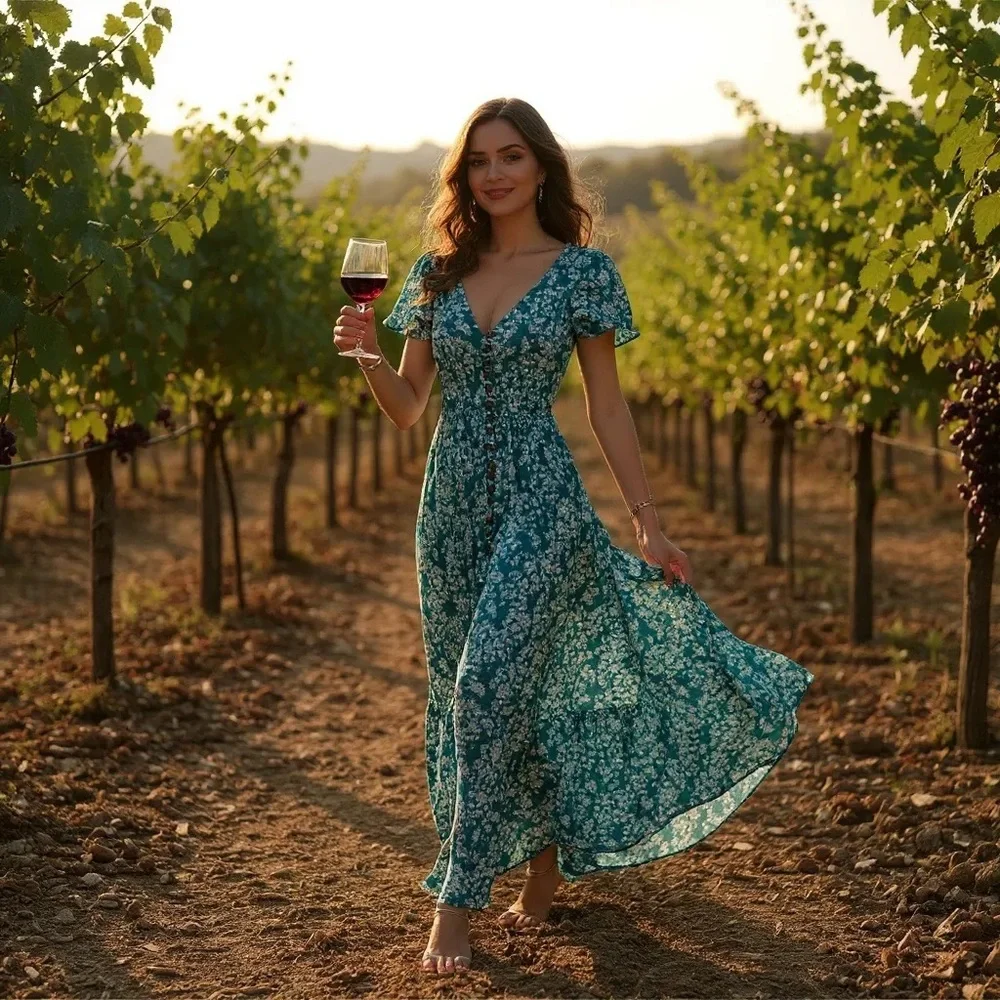 Tiare Hawaii Teal Floral Button Front Maxi Dress Ruffle Sleeve S/M NWOT